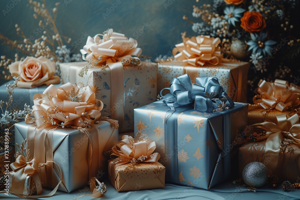 Gift-wrapped presents for the holidays A festive display of Christmas presents Generative AI