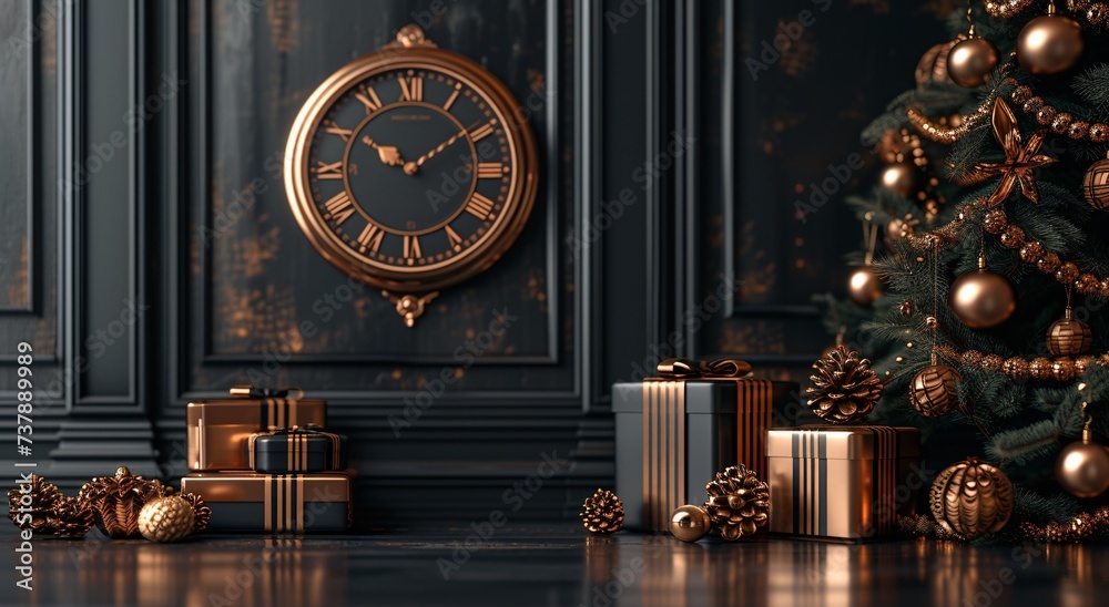 Golden Clock and Presents A Festive December Display Generative AI