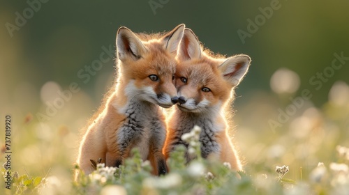 Playful Red Fox Kits in a Meadow: Adorable red fox kits frolicking in a sunlit meadow, capturing a heartwarming and playful moment