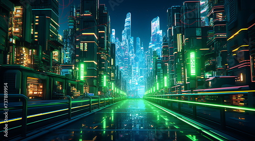 a futuristic city with a neon illuminated street, generative ai