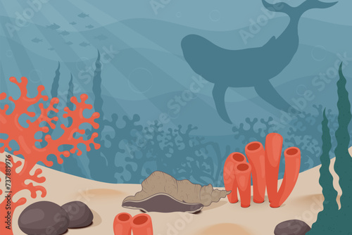 Ocean bottom landscape with coral, seaweed and whale silhouette