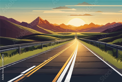 Road landscape View. Beautiful Landscape showing view of a road leading to city and hills. Landscape of a highway with mountains in the background. vacation trip. Vector Illustration.