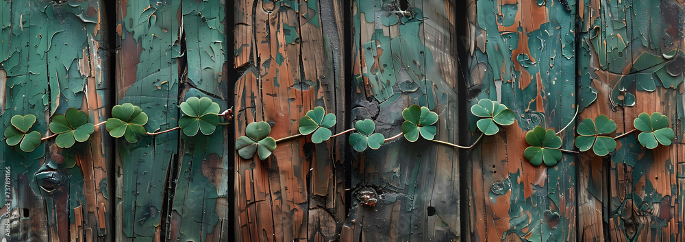 Wooden background with greenery. Boards with clover leaves and three-leafed shamrocks. Background for St. Patrick's Day, holiday symbol, Earth Day. Cover for banner, brochure, notepad. Wooden background with greenery. Boards with clover leaves and three-leafed shamrocks. Background for St. Patrick's Day, holiday symbol, Earth Day. Cover for banner, brochure, notepad.