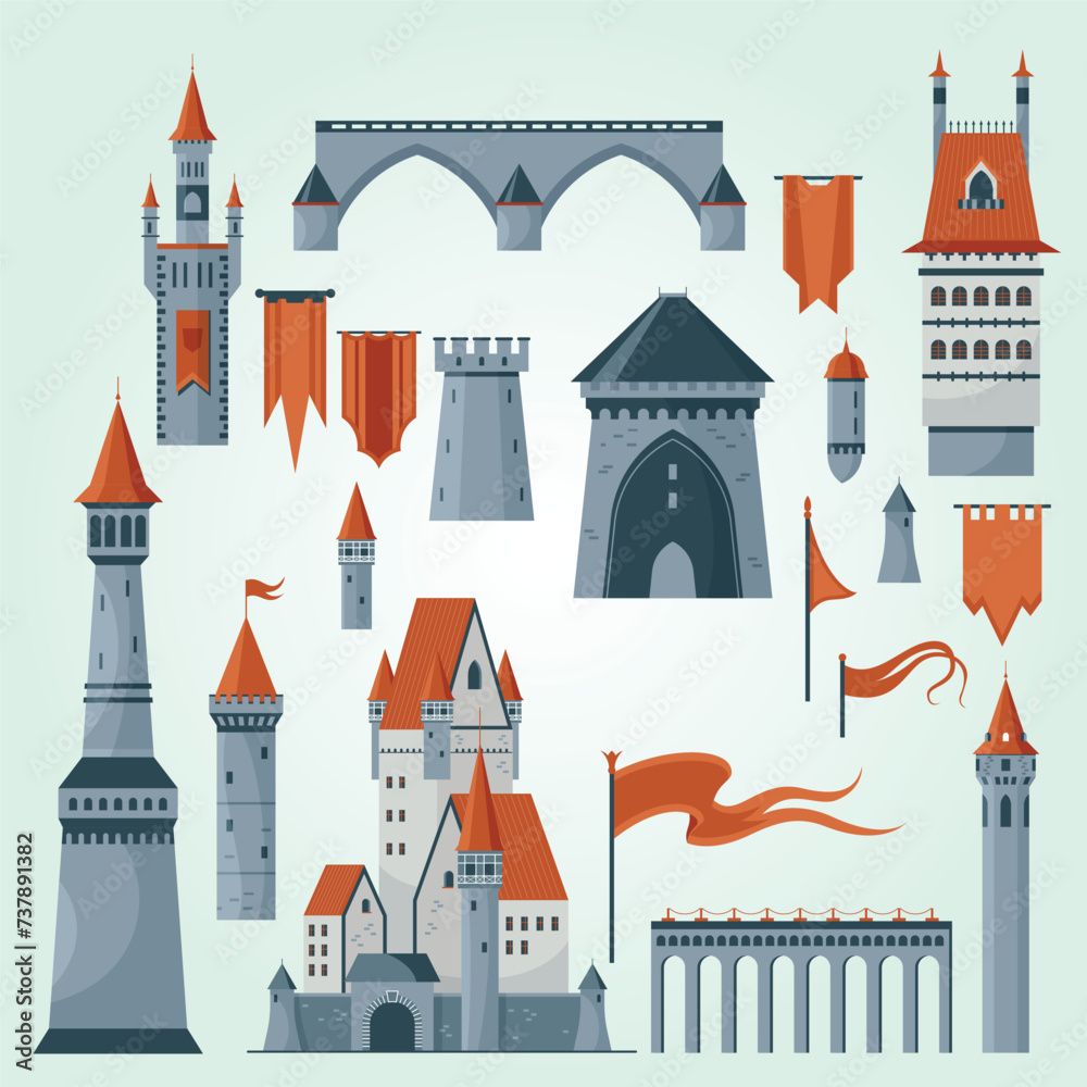 flat icons set medieval castle towers flags isolated white background illustration