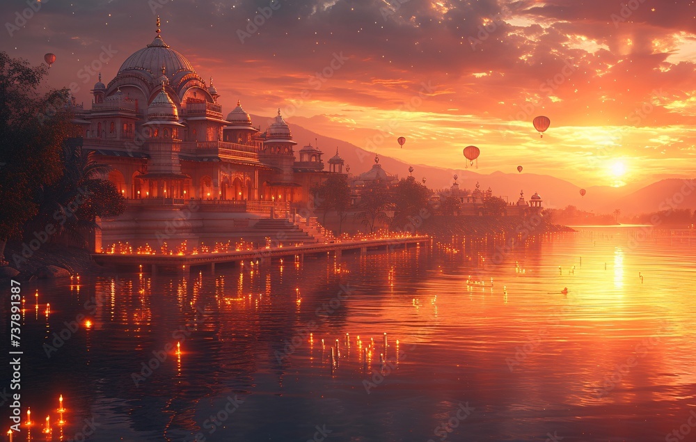 Obraz premium Glowing Lights and Hot Air Balloons A Spectacular Evening at the Palace Generative AI