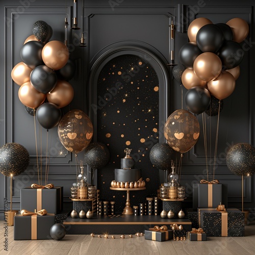 Golden Balloons and Black Star Decorations for a New Year's Eve Celebration Generative AI
