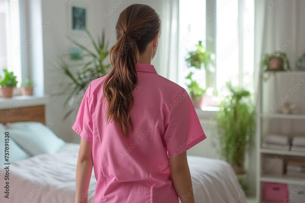 A female registered nurse prepares for work, standing in front of a bed, wearing a pink robe. A female registered nurse prepares for work, standing in front of a bed, wearing a pink robe.