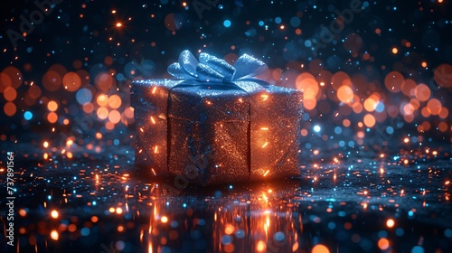 Glowing Blue Gift Box with Sparkling Bow for a December Birthday Generative AI