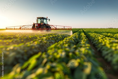 Tractor spraying pesticides in soybean field during springtime during a sunny clear summer day. 