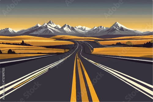 Road landscape View. Beautiful Landscape showing view of a road leading to city and hills. Landscape of a highway with mountains in the background. vacation trip. Vector Illustration. photo
