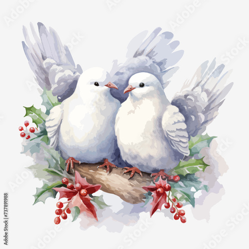 Watercolor Cute Christmas Doves vector illustration