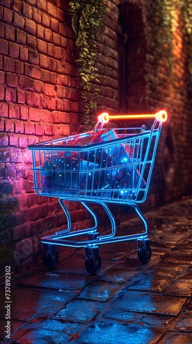 Neon Shopping Cart A Glowing Retail Experience Generative AI