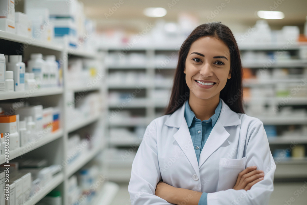 Portrait of a pharmacist in a pharmacy, standing between shelves of medications. Professionals working in drugstore or chemist's. 