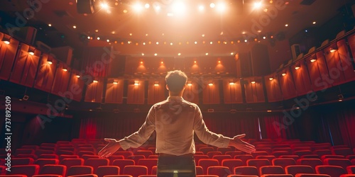 Selfobsessed man basking in adulation from a devoted audience on stage. Concept Egotistical Performer, Narcissistic Showman, Admiring Fans, Stage Spotlight photo