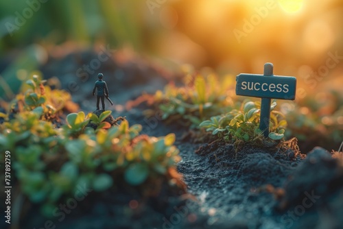 the clarity of vision with an image of a person standing confidently in front of a signpost labeled "success" symbolizing the clear direction and purpose guiding decision-making in the businesS