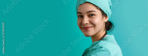 Banner of beautiful nurse in uniform on a blue, turquoise background with copy space. Female healthcare worker in medical scrubs.