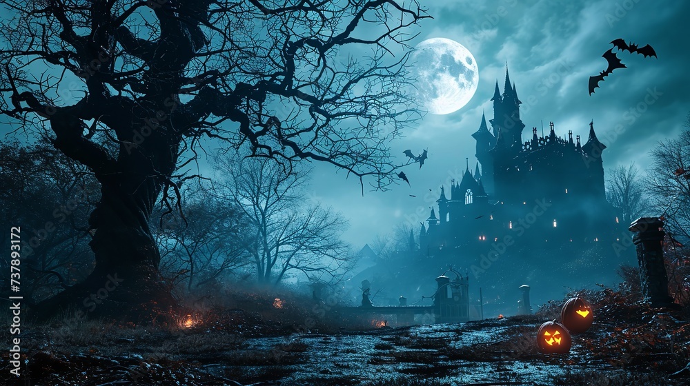 Obraz premium Graveyard Cemetery to Castle In Spooky Scary