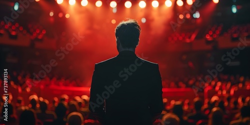 A Narcissistic Individual Reveling in Adoration from a Devoted Crowd on the Stage. Concept Narcissistic Personality, Adoration, Devoted Crowd, Stage Performance photo