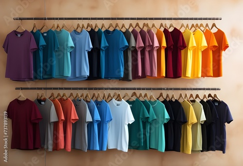 Rack with clean shirts near light wall. Copy space for text. Clothing shop, second hand, reuse