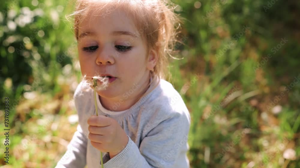 Cute little girl blow on a dandelion on spring sunny background Cute little girl blow on a dandelion on spring sunny background