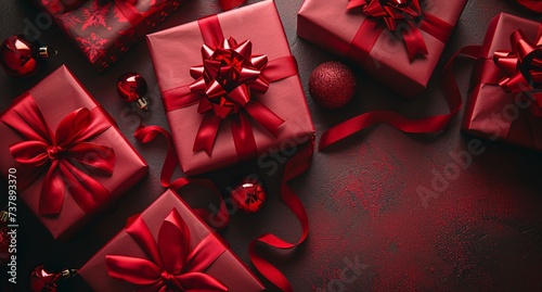 Red Christmas Gift Wrapped in Ribbon and Bow Generative AI