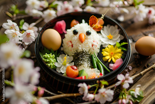日本のお弁当。動物モチーフのかわいい鳥のデコ弁、キャラ弁はお花見やレジャーに作る