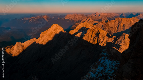Fototapeta Naklejka Na Ścianę i Meble -  Alpine sunset or sundowner at Mount Zugspitze, Top of Germany, Garmisch-Partenkirchen, Bavaria, Germany