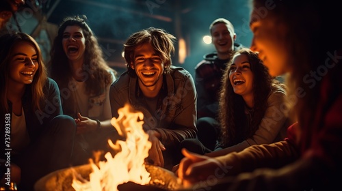A group of young people sit around a campfire and celebrate photo