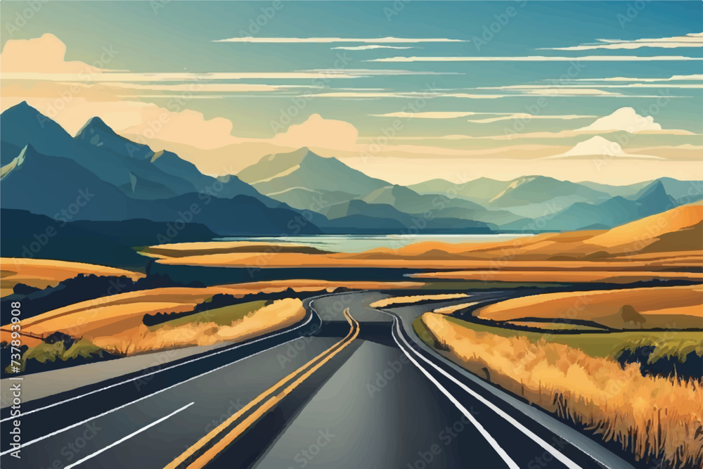 Beautiful Road landscape Background. Beautiful Landscape showing view of a road leading to city and hills. Landscape of a highway with mountains in the background. vacation trip. Vector Illustration.
