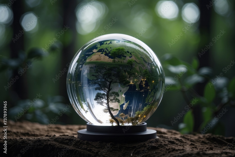 Earth crystal glass globe ball and tree in robot hand saving the environment, save a clean planet, ecology concept