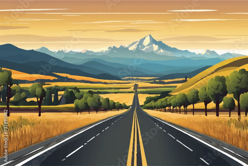 Beautiful Road landscape Background. Beautiful Landscape showing view of a road leading to city and hills. Landscape of a highway with mountains in the background. vacation trip. Vector Illustration. photo