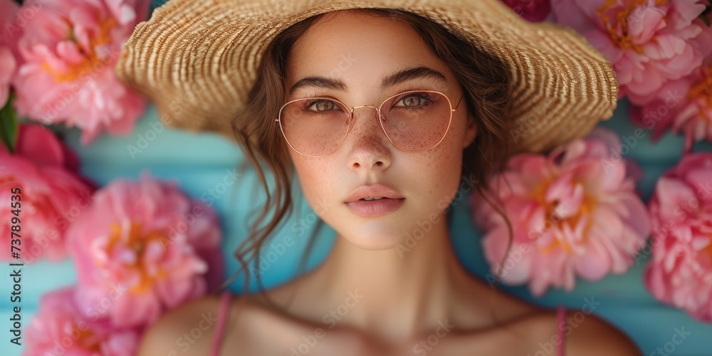 A fashionable wellness portrait of a sun-kissed woman with a hat, sunglasses, and flowers, exuding glamour.