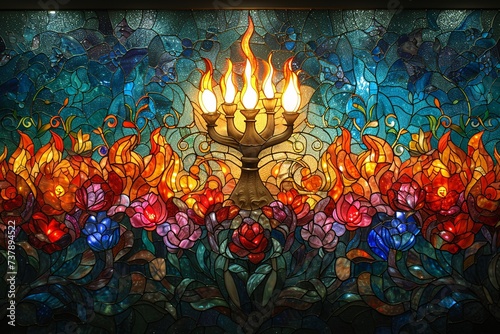 Flower Power A Stained Glass Artwork of a Candle and Flowers Generative AI