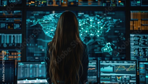 Woman sits engrossed before network of screens eyes reflecting intricate web of technology amidst dark room focus is unyielding navigates vast expanse of cyberspace