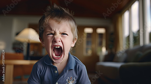 Angry tempered screaming child indoor with his family in their home