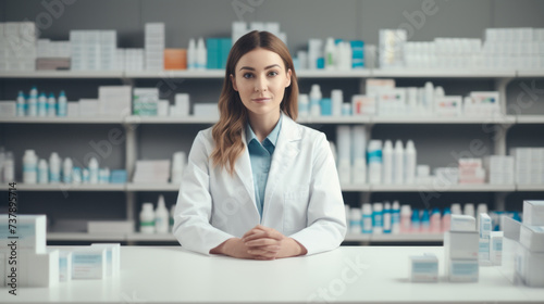 A confident female pharmacist against the background of shelves with medicines, vitamins, dietary supplements, cosmetics in a pharmacy. Healthcare, Pharmaceuticals, small business concepts.