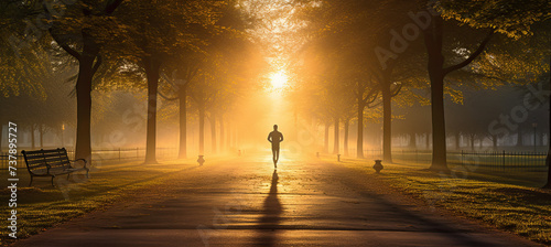 beautiful park with a running man in the morning sunrise photo
