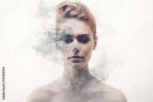 Young woman with smoke double exposure, copy space