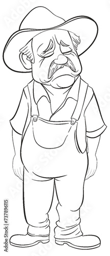 Illustration of a tired, old farmer standing.