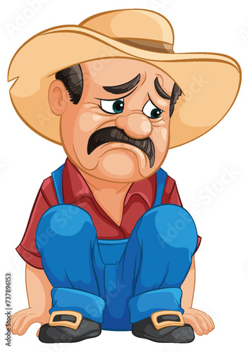 Cartoon cowboy sitting down, looking upset and thoughtful.