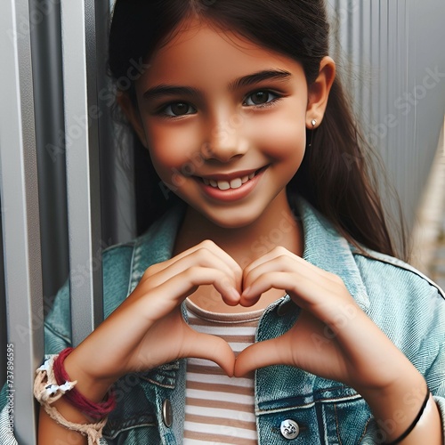 I love you. Portrait of sincere little hispanic girl adopted child stand close to grey fence look at camera show heart shape of joined fingers. Smiling preteen kid express gratitude appreciation hope photo