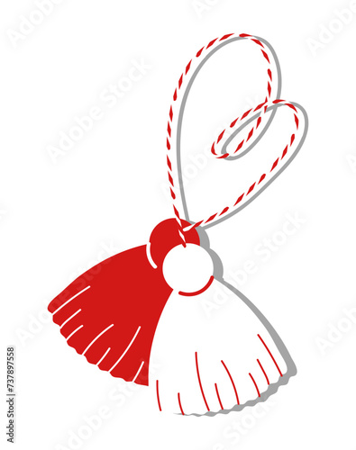 Martisor traditional symbol of spring. Romanian and Moldavian March talisman. Red and white accessory hanging on strings. Flat vector illustration isolated on transparent background