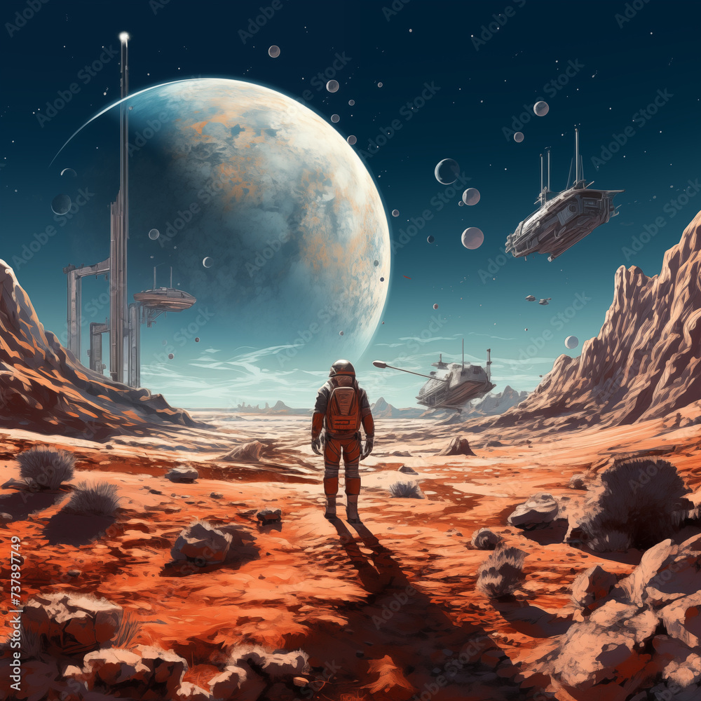 Astronaut in deep space, standing on a planet, space and large planets around him Astronaut in deep space, standing on a planet, space and large planets around him