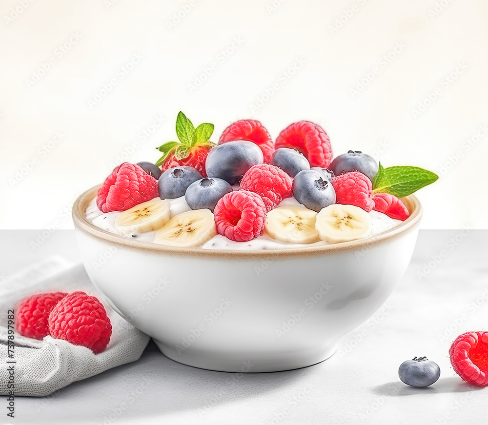 Granola and dairy product with banana, blueberry and raspberry on a white isolated background. Generated AI. Granola and dairy product with banana, blueberry and raspberry on a white isolated background. Generated AI.