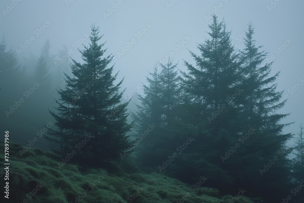Fog-enveloped mysterious fir forest
