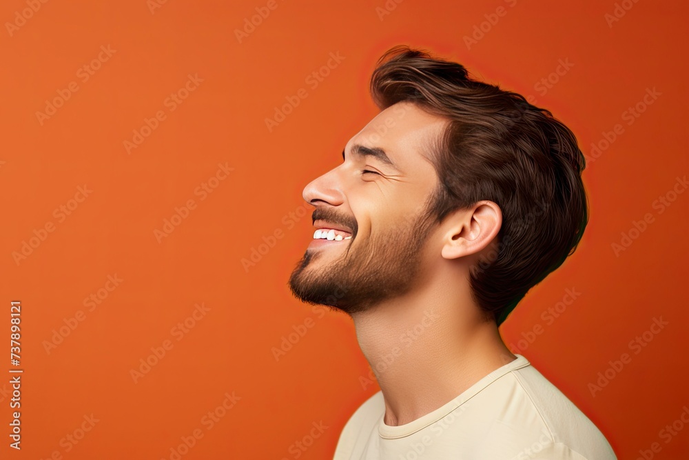 Profile side view portrait of attractive cheerful man demonstrating copy space ad new isolated over bright one color background - generative ai Profile side view portrait of attractive cheerful man demonstrating copy space ad new isolated over bright one color background - generative ai