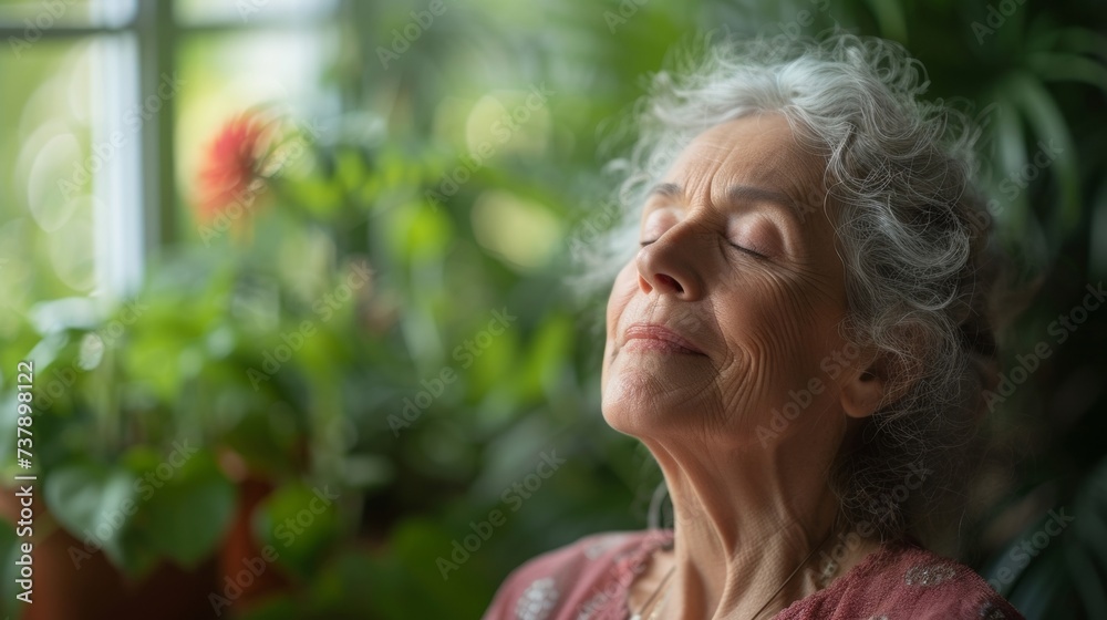 A closeup of a senior womans face as she practices a guided breathing exercise her serene expression and the comforting atmosphere of her indoor plantfilled space promoting A closeup of a senior womans face as she practices a guided breathing exercise her serene expression and the comforting atmosphere of her indoor plantfilled space promoting