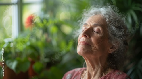 A closeup of a senior womans face as she practices a guided breathing exercise her serene expression and the comforting atmosphere of her indoor plantfilled space promoting
