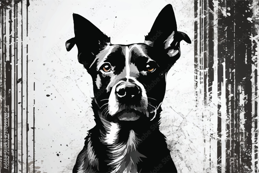 Black and white Dog in a grunge background. Cute dog Illustration. Dog sketch Illustration Background. Cute Dog face. Vector illustration on a grunge texture background. Black and white style.