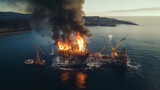 Burning oil platform in the sea, view from a drone.